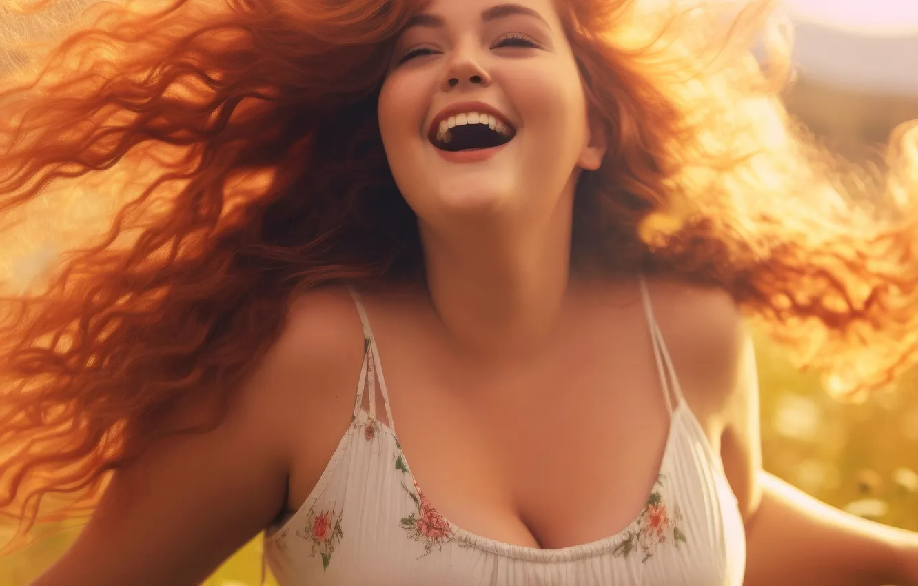 Photo wallpaper girl, joy, happiness, flowers, smile, hair, laughter, digital art