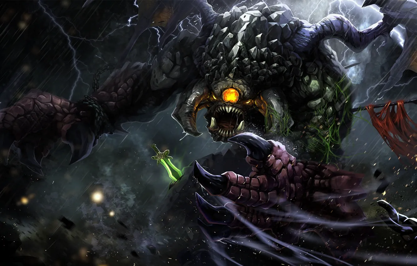 Photo wallpaper artifact, lightning, wings, monster, flag, art, chain, claws