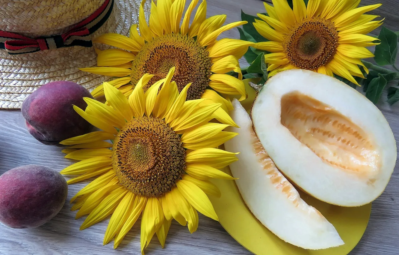 Photo wallpaper sunflowers, hat, wood, melon, drain, naturmort