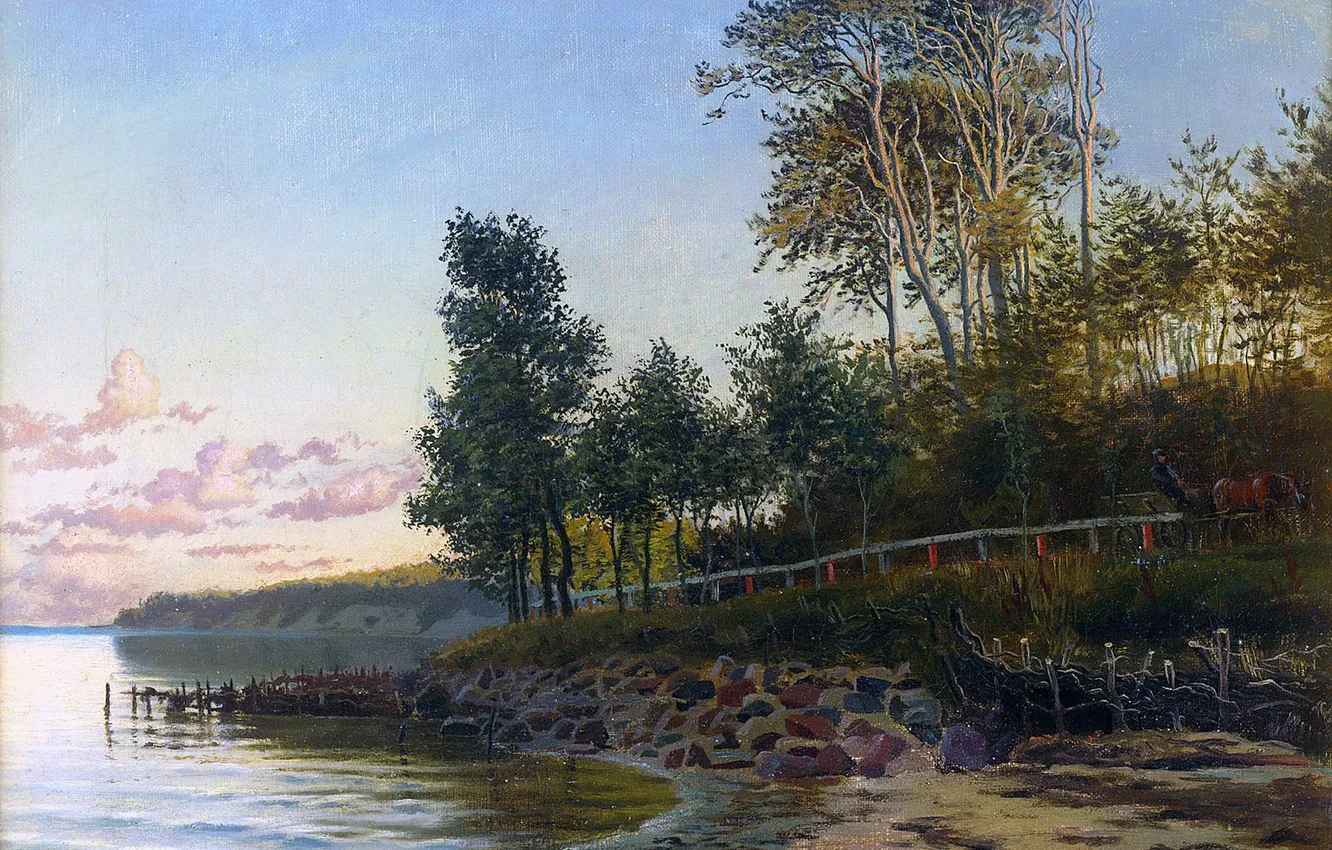 Photo wallpaper trees, lake, picture, Peder Mork Monsted, Danish painter, Peder Mørk Mønsted, Peder Mork Monsted, Summer …