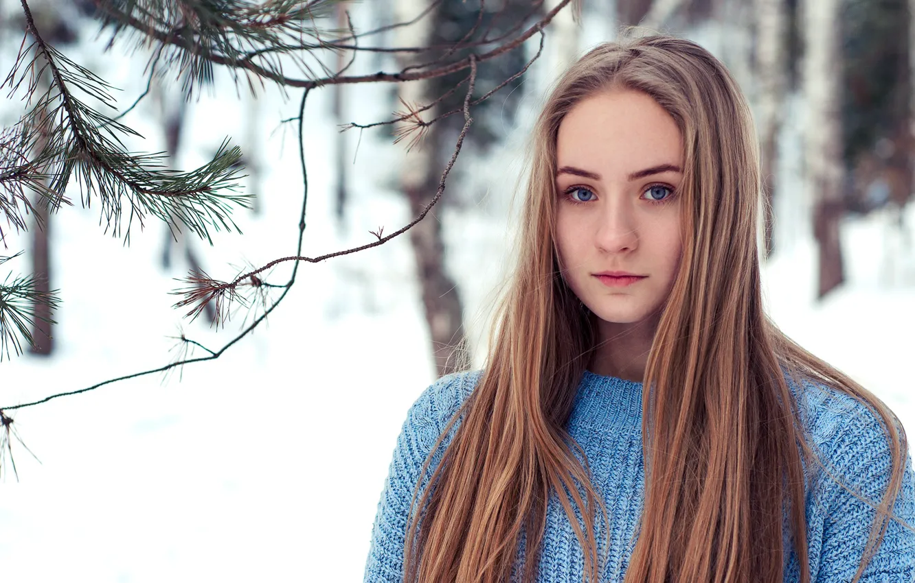 Photo wallpaper girl, long hair, trees, photo, blue eyes, winter, snow, model