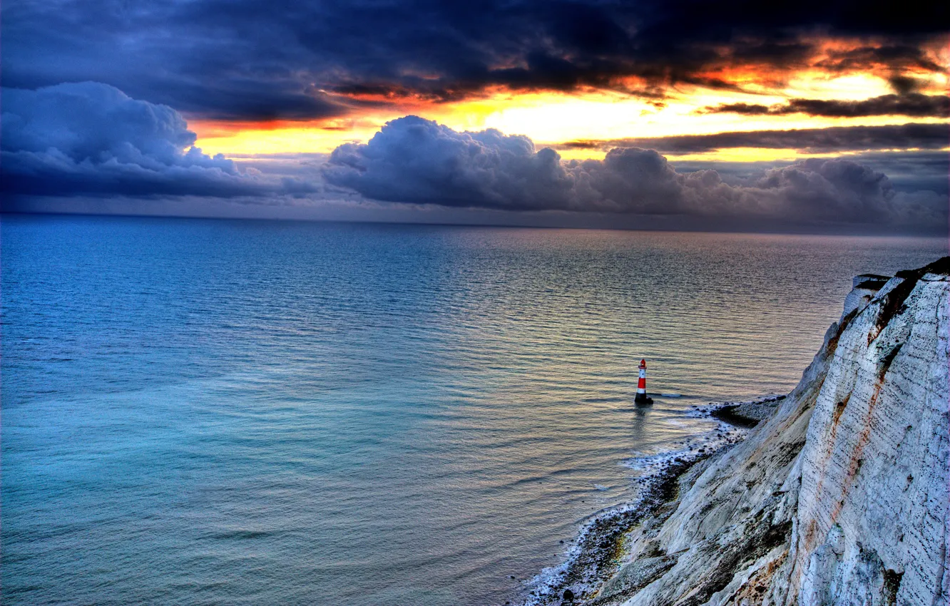 Photo wallpaper sea, the sky, sunset, clouds, nature, rocks, lighthouse, glow