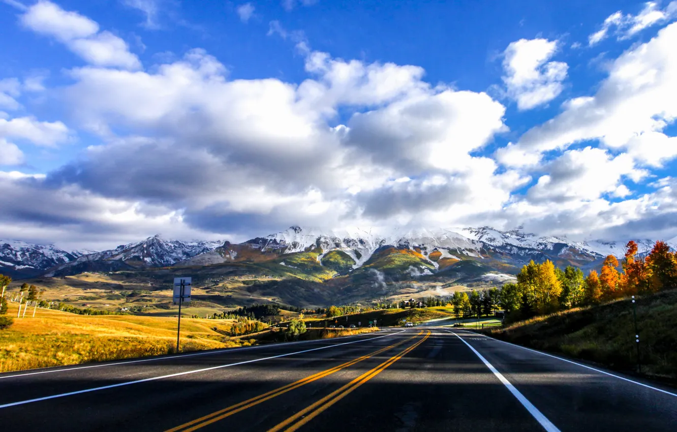 Photo wallpaper road, the sky, mountains, clouds