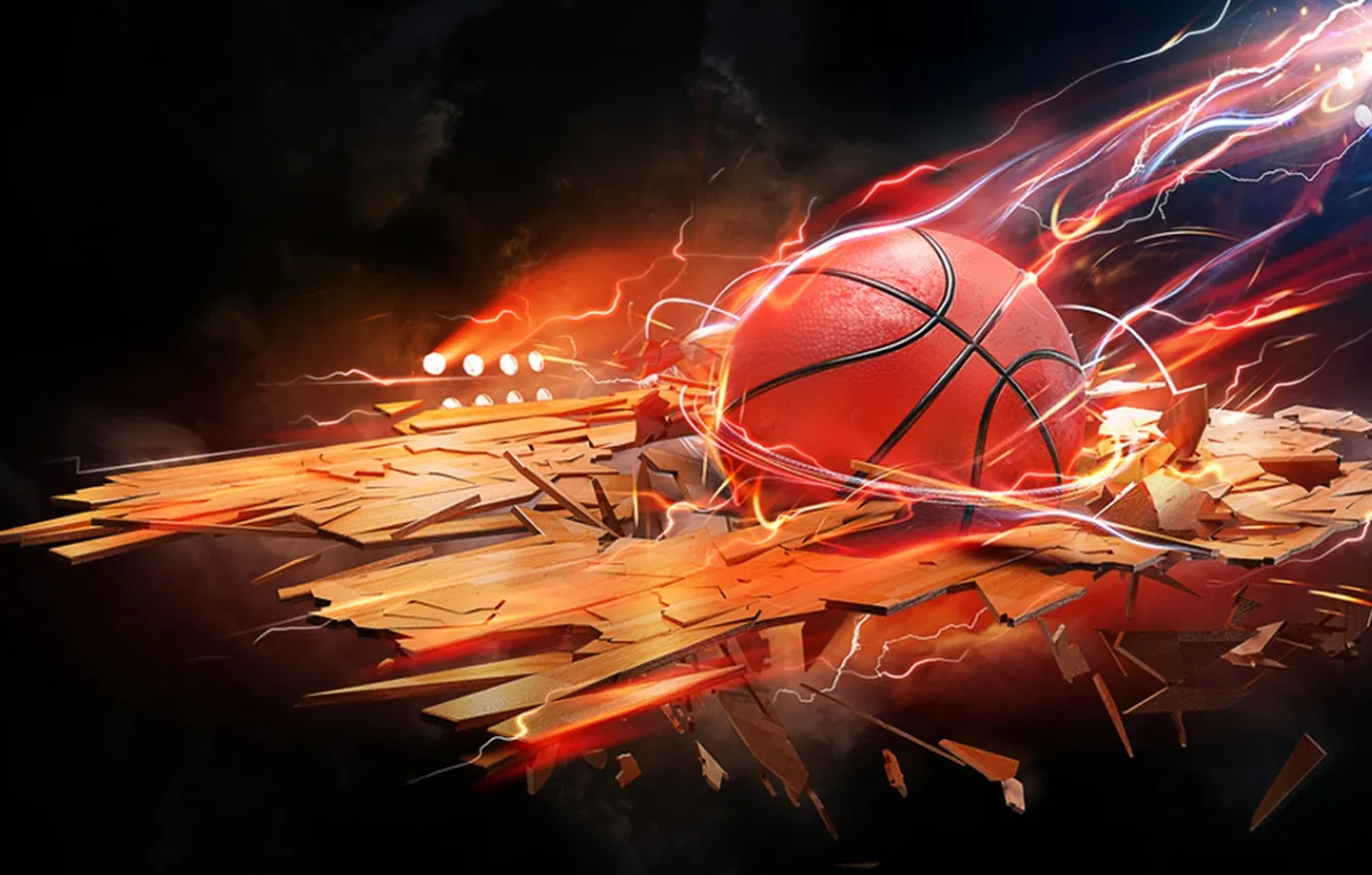 Photo wallpaper fire, basketball, ball, sports