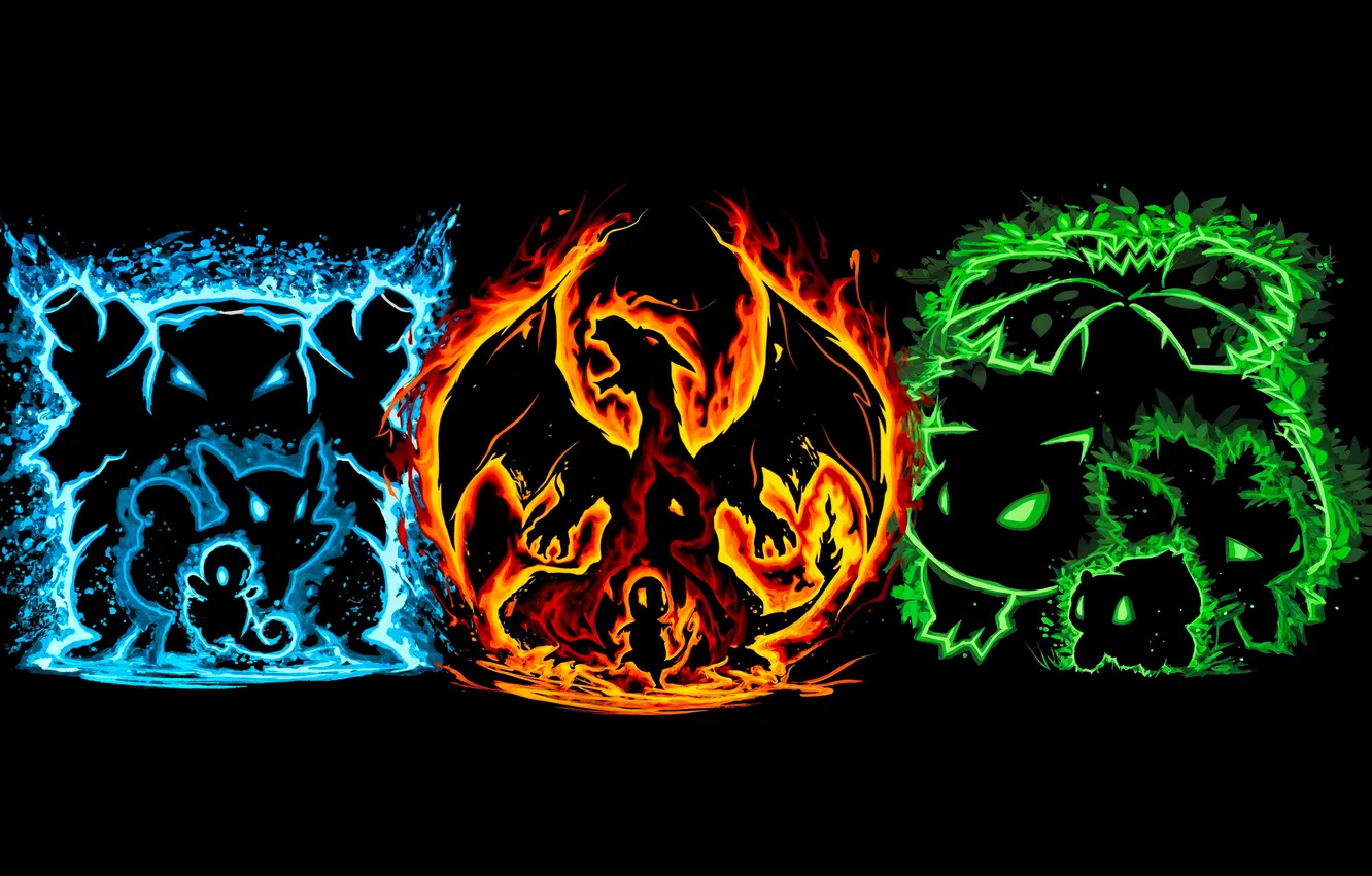 Photo wallpaper black background, anime, pokemon, bulbasaur, squirtle, black background, Charmander, Pokemons