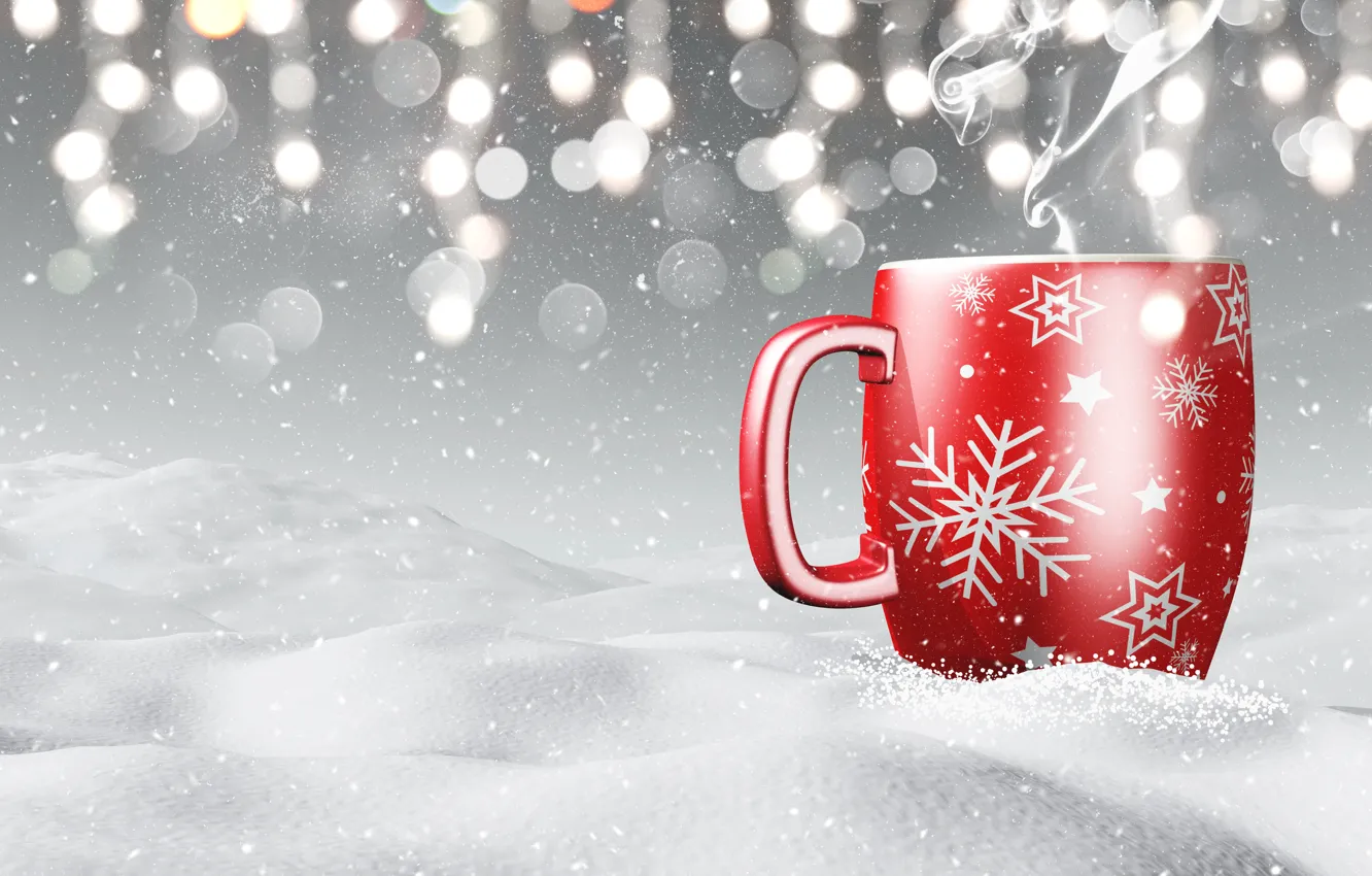 Photo wallpaper winter, snow, snowflakes, mug, winter, snow, cup, coffee