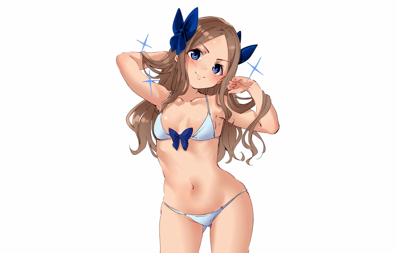 Photo wallpaper girl, sexy, cleavage, long hair, brown hair, boobs, anime, blue eyes