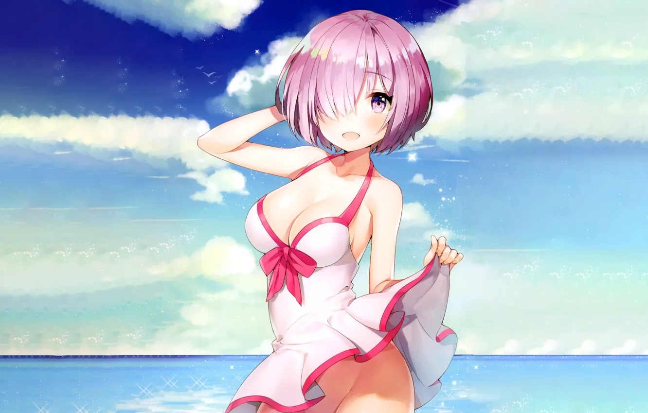 Photo wallpaper girl, sexy, cleavage, pink hair, sky, dress, sea, boobs