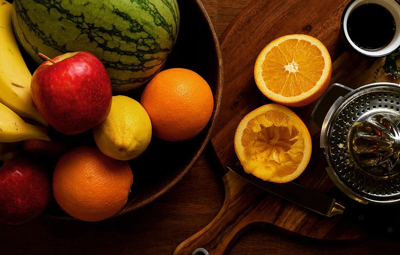 Photo wallpaper the dark background, lemon, apples, Board, orange, watermelon, knife, bananas