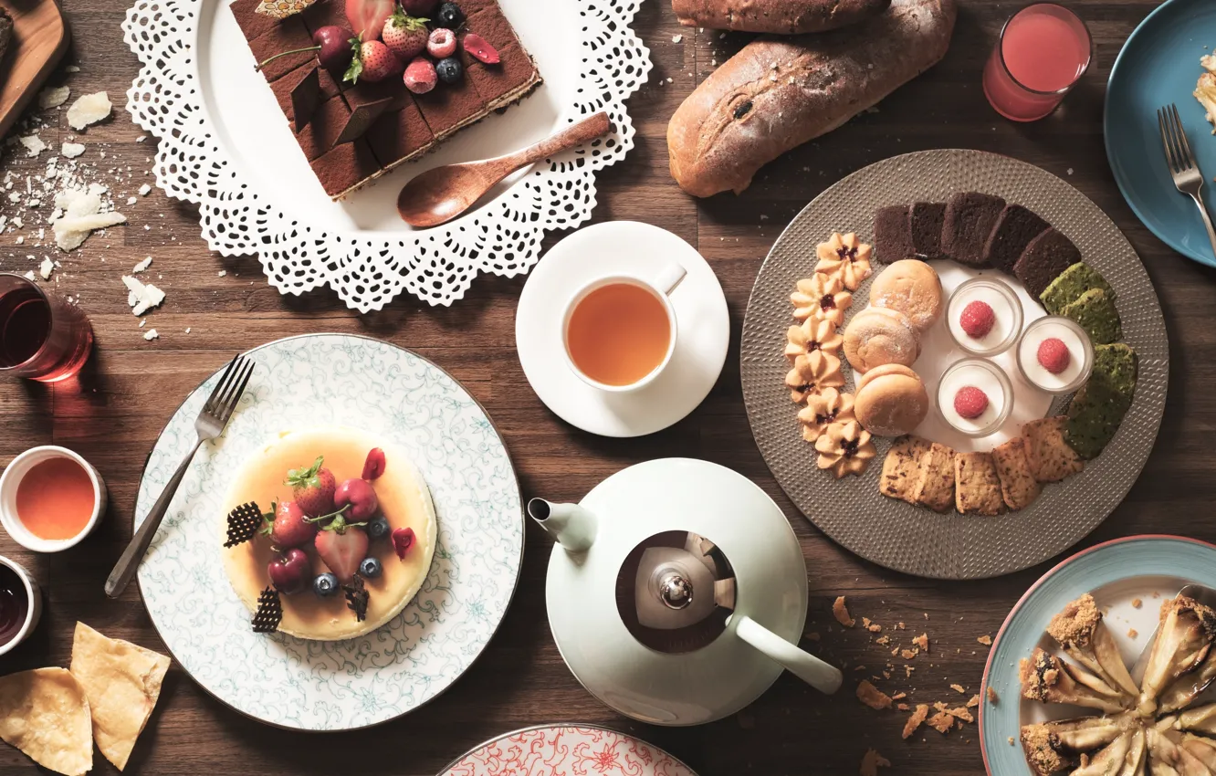 Photo wallpaper berries, tea, pie, cake, cake, dessert, cuts