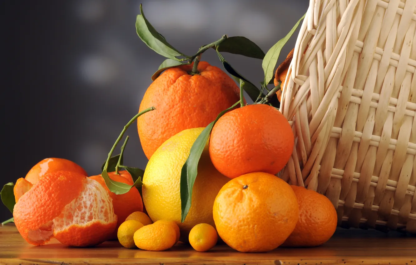 Photo wallpaper leaves, basket, oranges, fruit, citrus, peel, tangerines