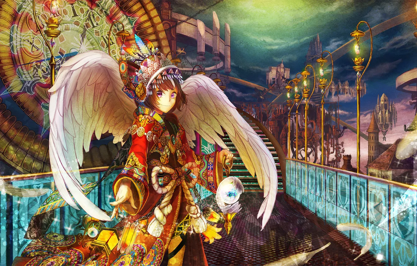 Photo wallpaper look, girl, the city, smile, clothing, wings, lights, ladder
