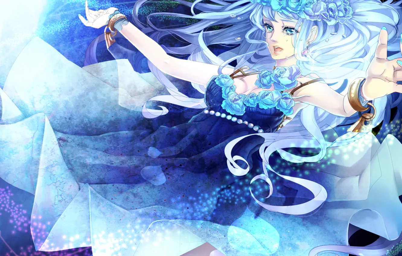 Photo wallpaper girl, flowers, roses, petals, tears, wreath, art, Macross Frontier