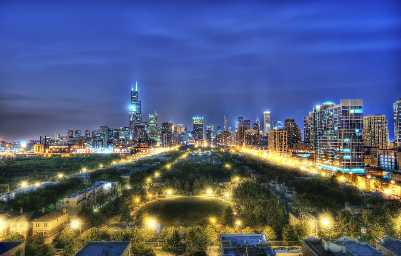 Photo wallpaper night, Chicago, Il, Chicago, Illinois, night, usa, Blue Hour