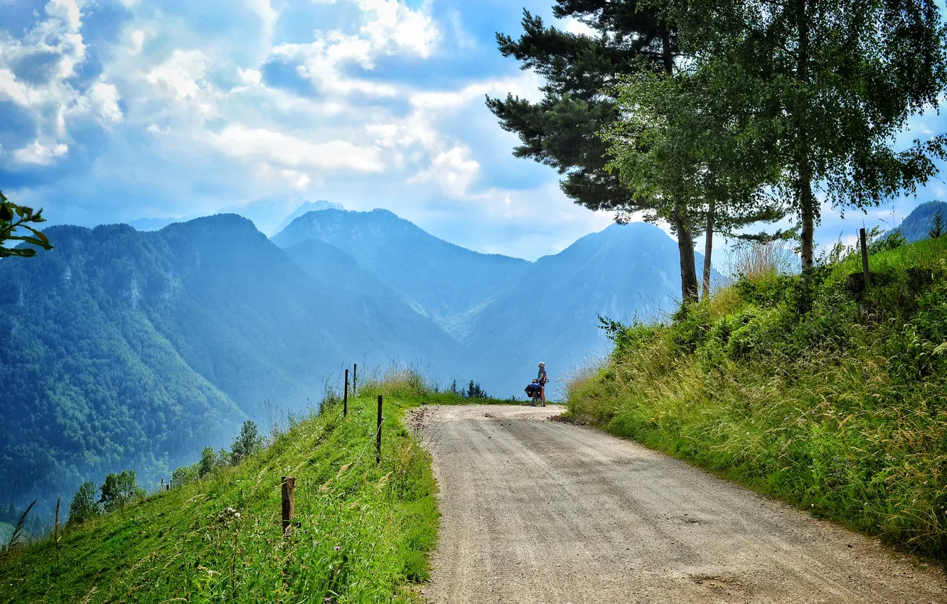 Photo wallpaper road, summer, Alps, cyclist