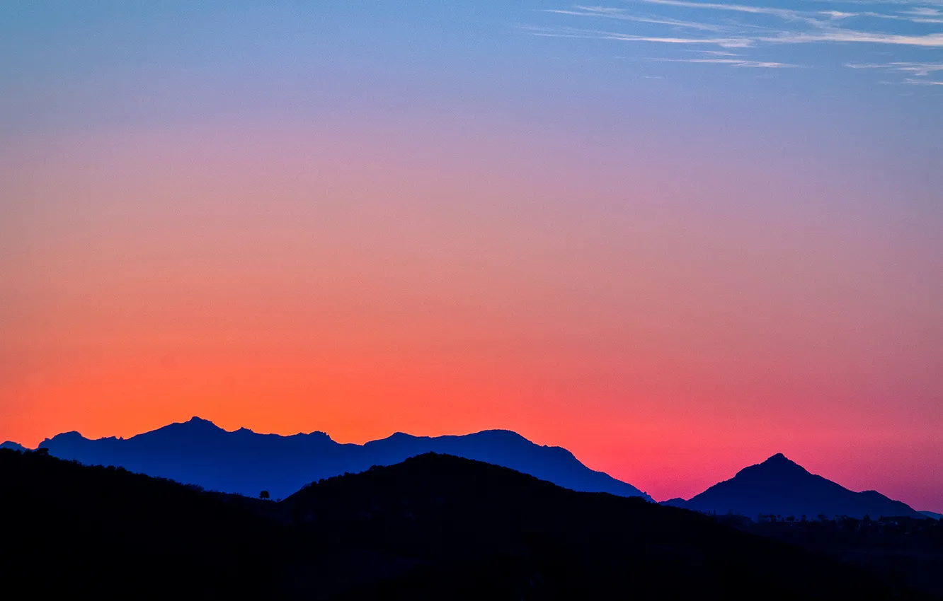 Photo wallpaper the sky, clouds, trees, sunset, mountains, horizon, glow