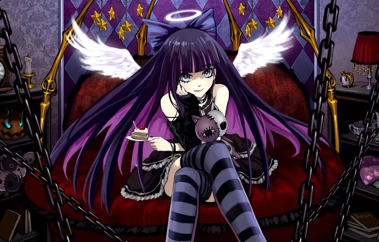 Photo wallpaper girl, room, toy, wings, chair, stockings, chain, cake