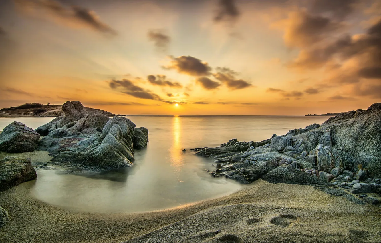 Photo wallpaper beach, stones, the ocean, dawn, shore, morning