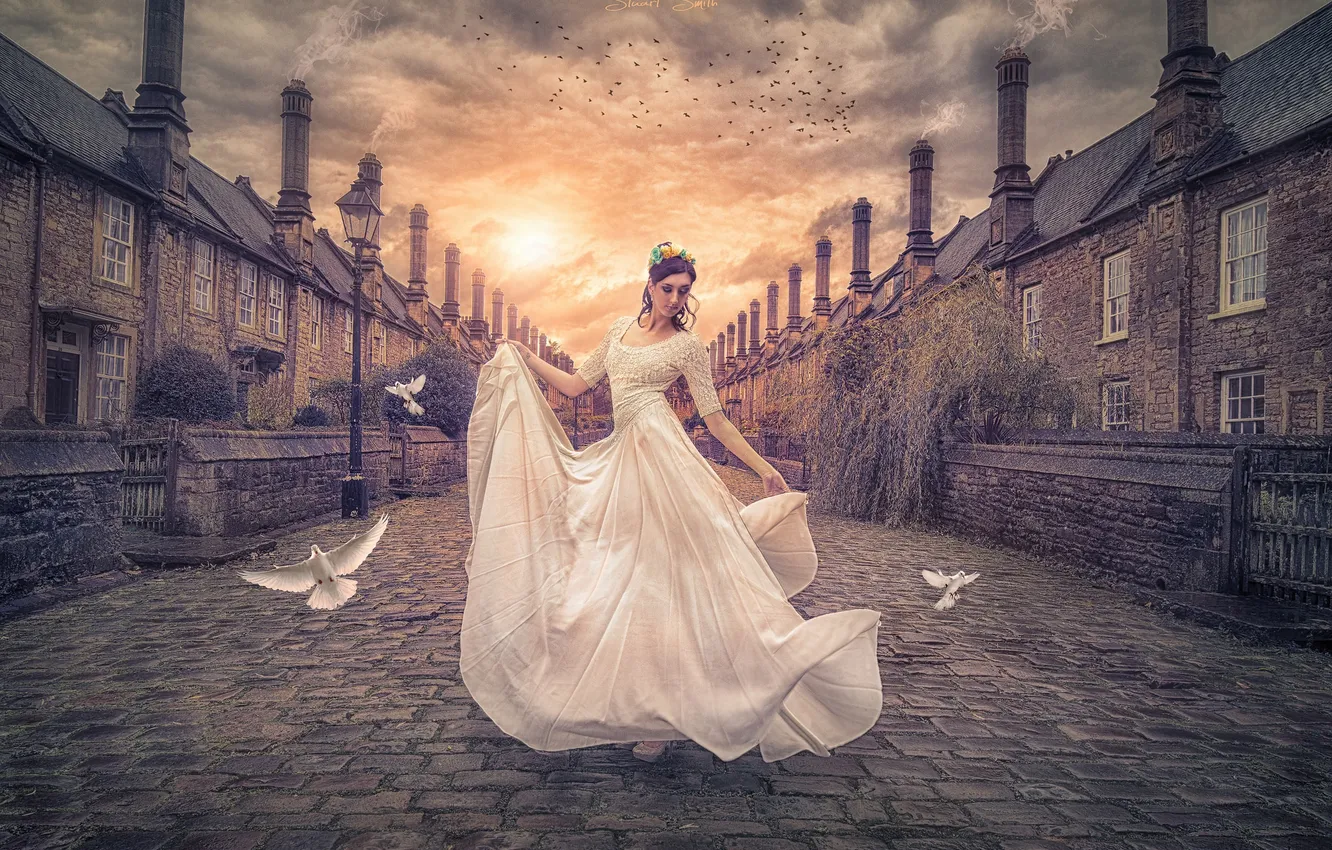 Photo wallpaper street, home, dress, pigeons