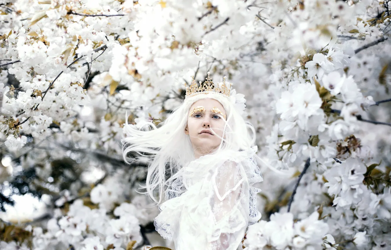 Photo wallpaper girl, trees, hair, spring, crown, garden, Princess, flowering