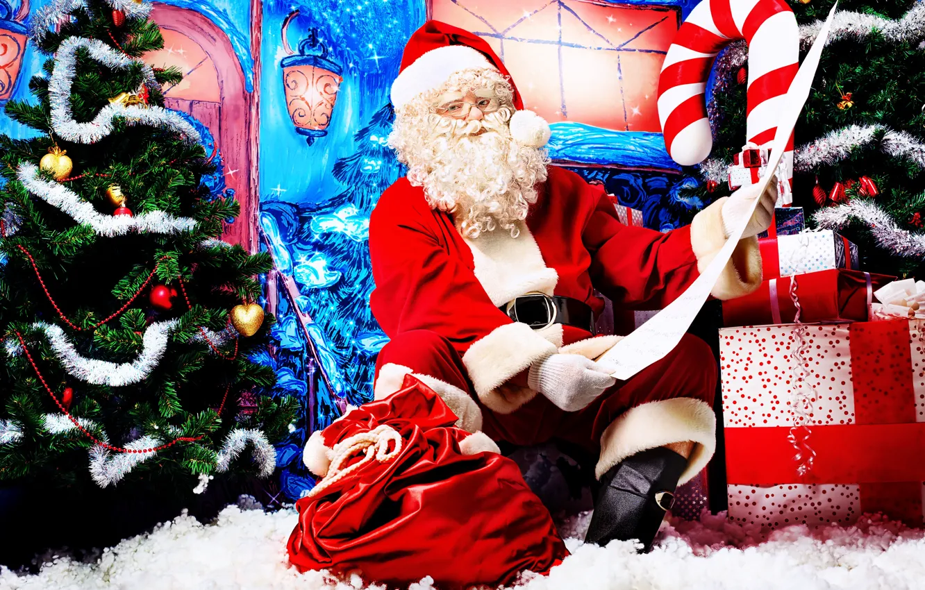 Photo wallpaper look, gift, the door, Santa Claus, list, Christmas decorations