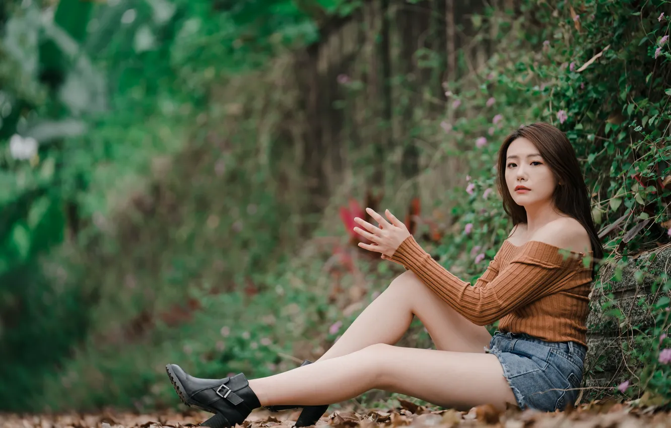 Photo wallpaper look, girl, hair, legs, Asian, bokeh
