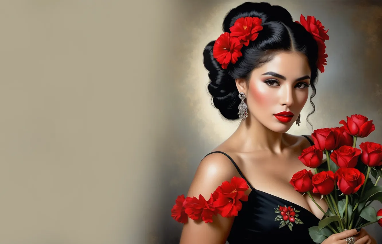 Photo wallpaper girl, flowers, background, roses, red roses