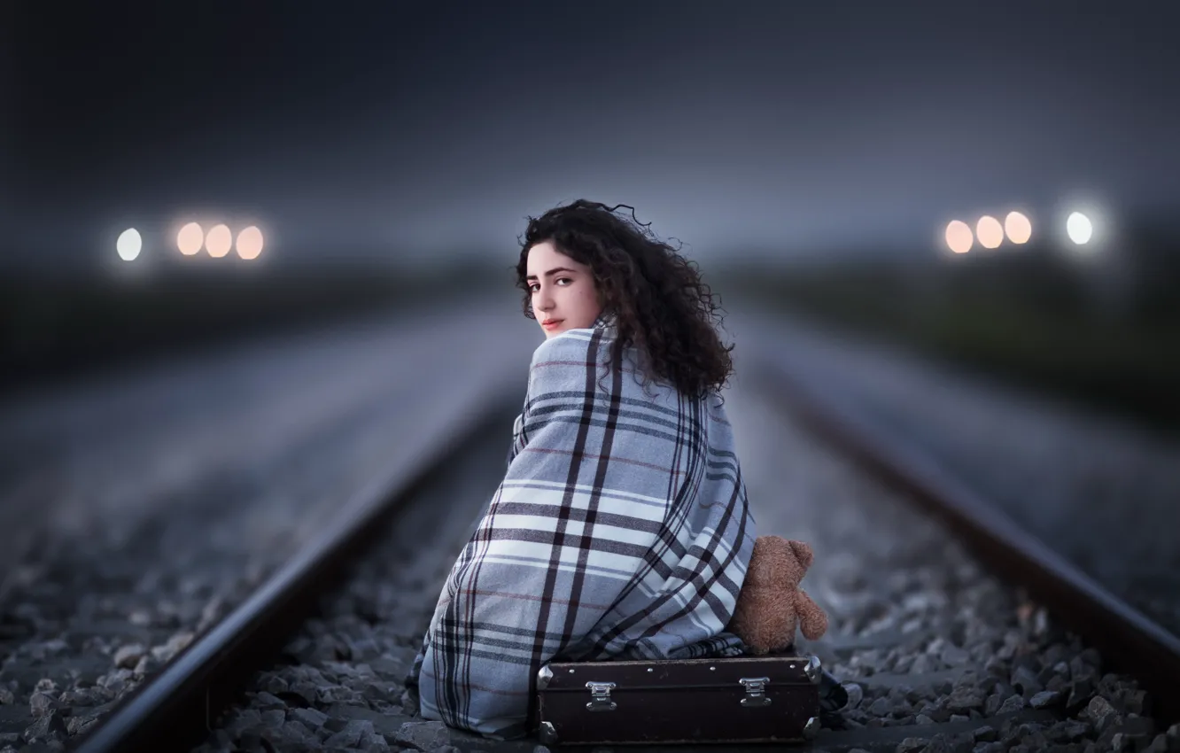 Photo wallpaper girl, bear, railroad, suitcase