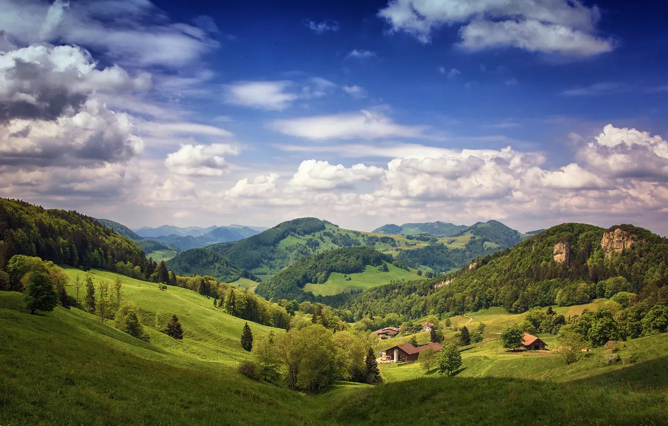 Photo wallpaper field, the sky, clouds, trees, mountains, home, valley
