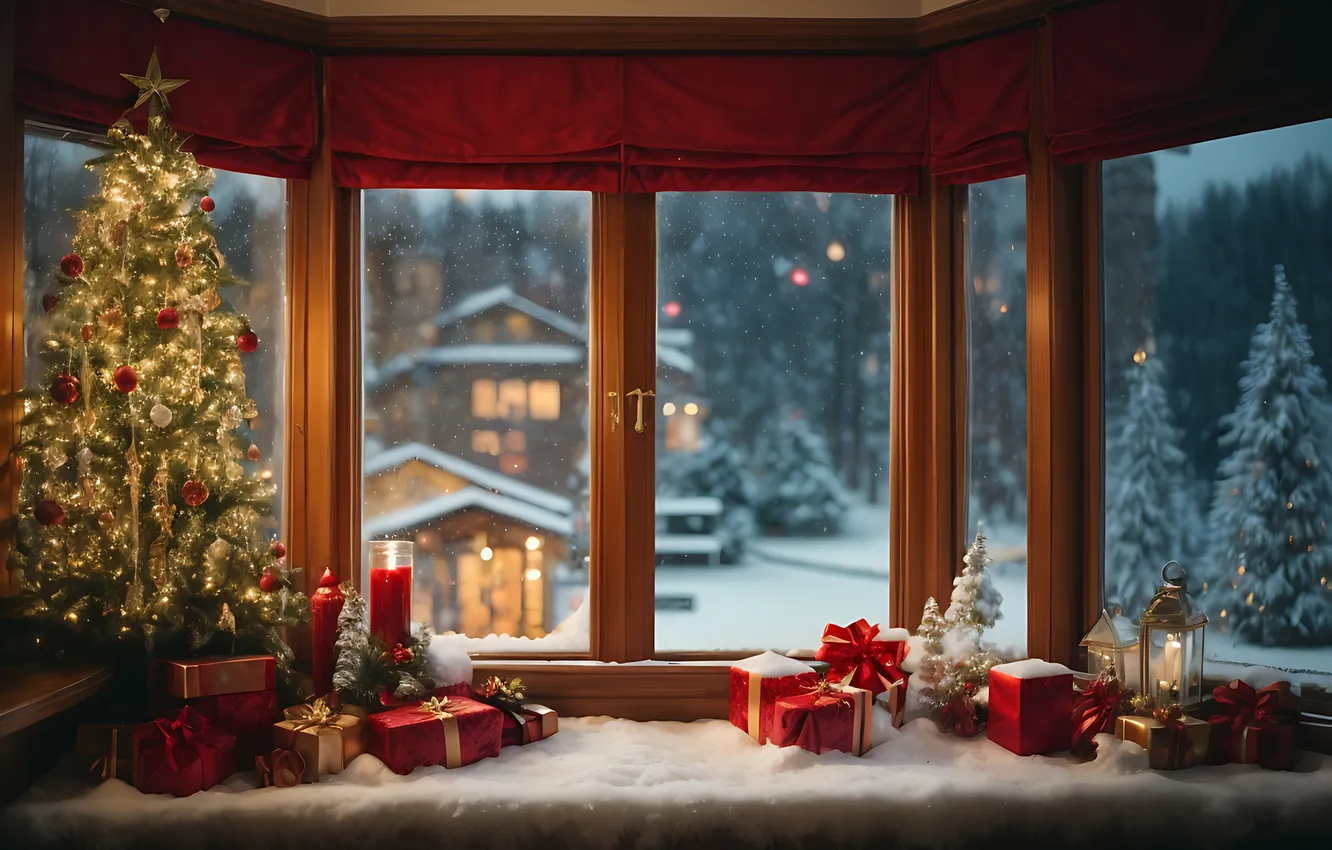 Photo wallpaper tree, new year, interior, window, Christmas, sill, Christmas, view