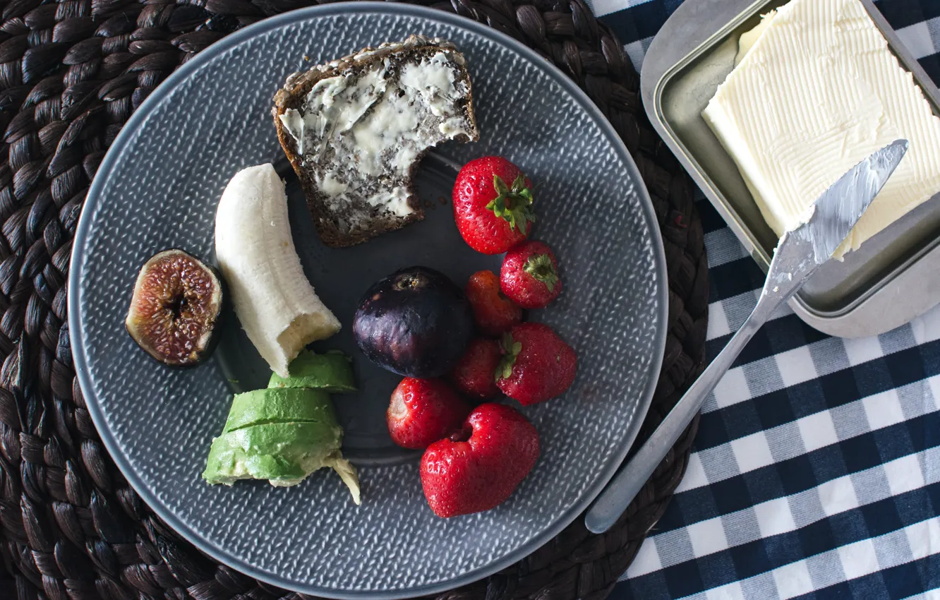 Photo wallpaper berries, table, oil, Breakfast, strawberry, plate, bread, knife