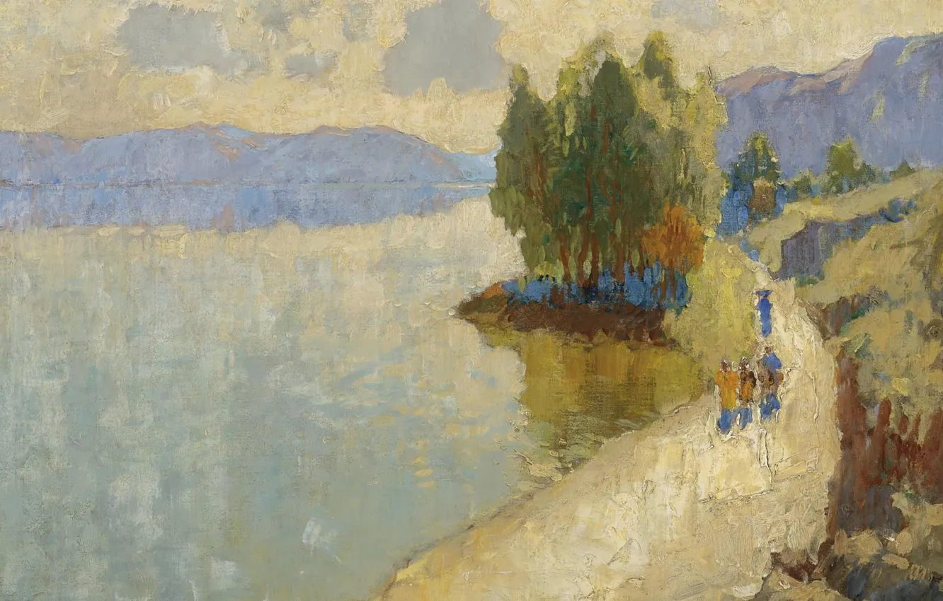 Photo wallpaper road, autumn, trees, landscape, mountains, picture, Konstantin Gorbatov, on the shores of lake