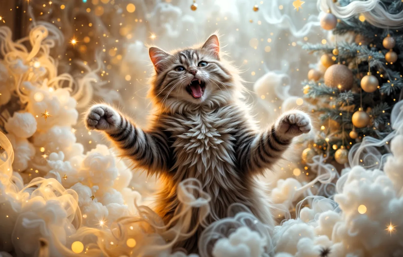 Photo wallpaper cat, decoration, glare, smoke, tree, new year