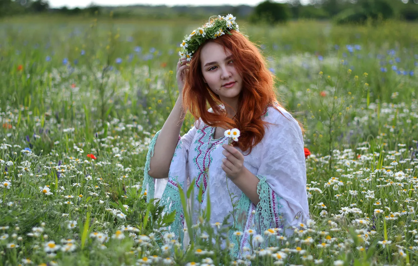 Photo wallpaper field, summer, look, girl, flowers, nature, pose, mood