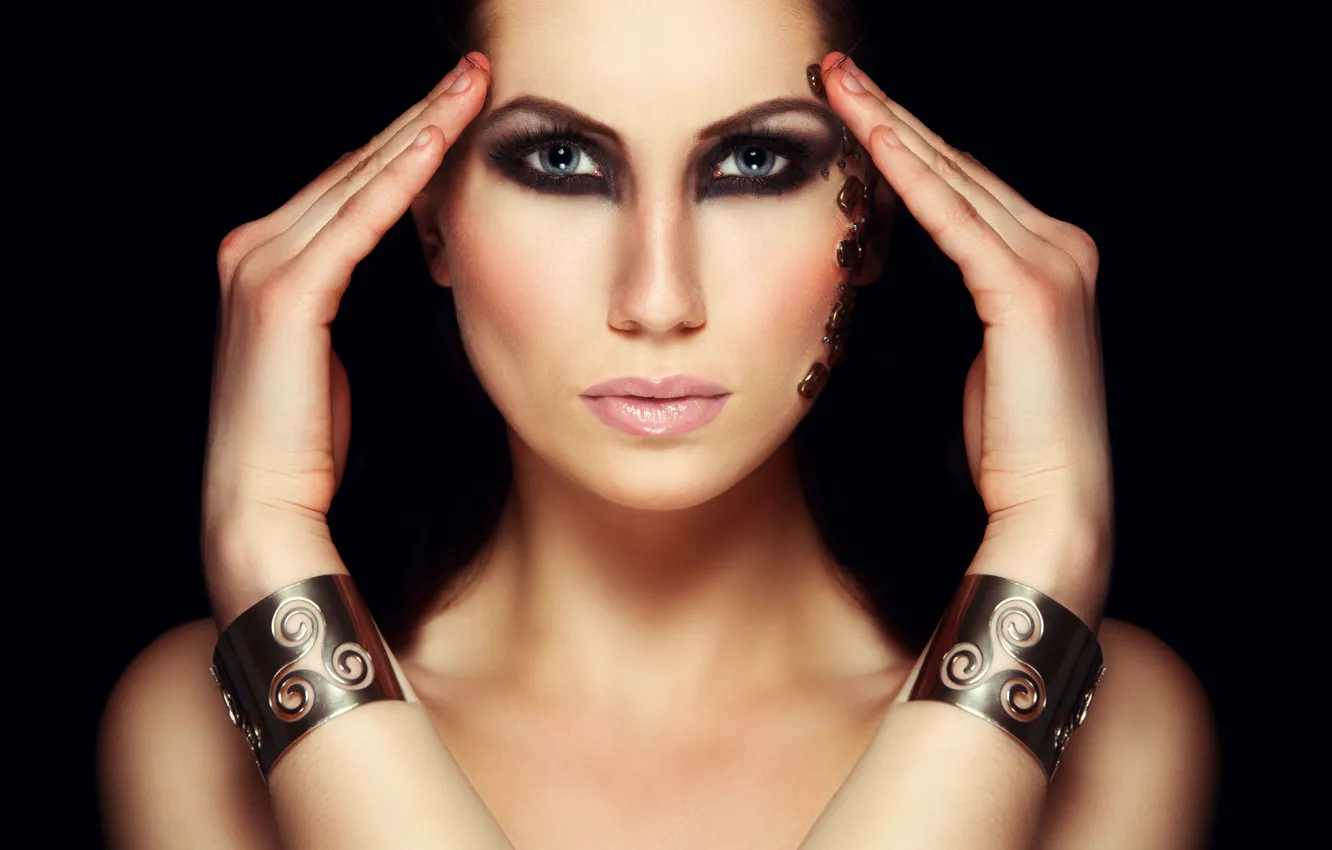 Photo wallpaper brunette, look, hands, makeup, arms