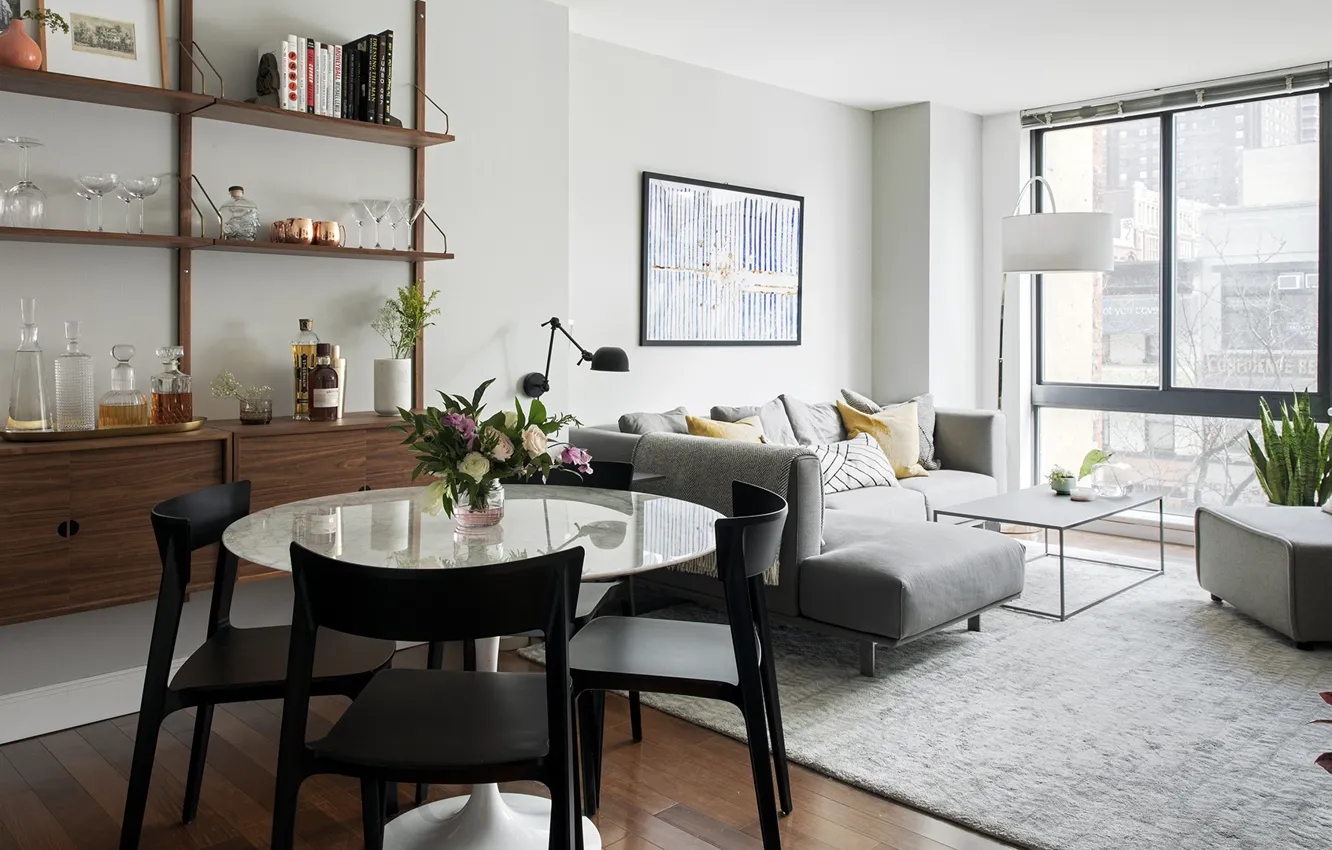 Photo wallpaper design, style, interior, living room, dining room, small room, Mid-Century Modern