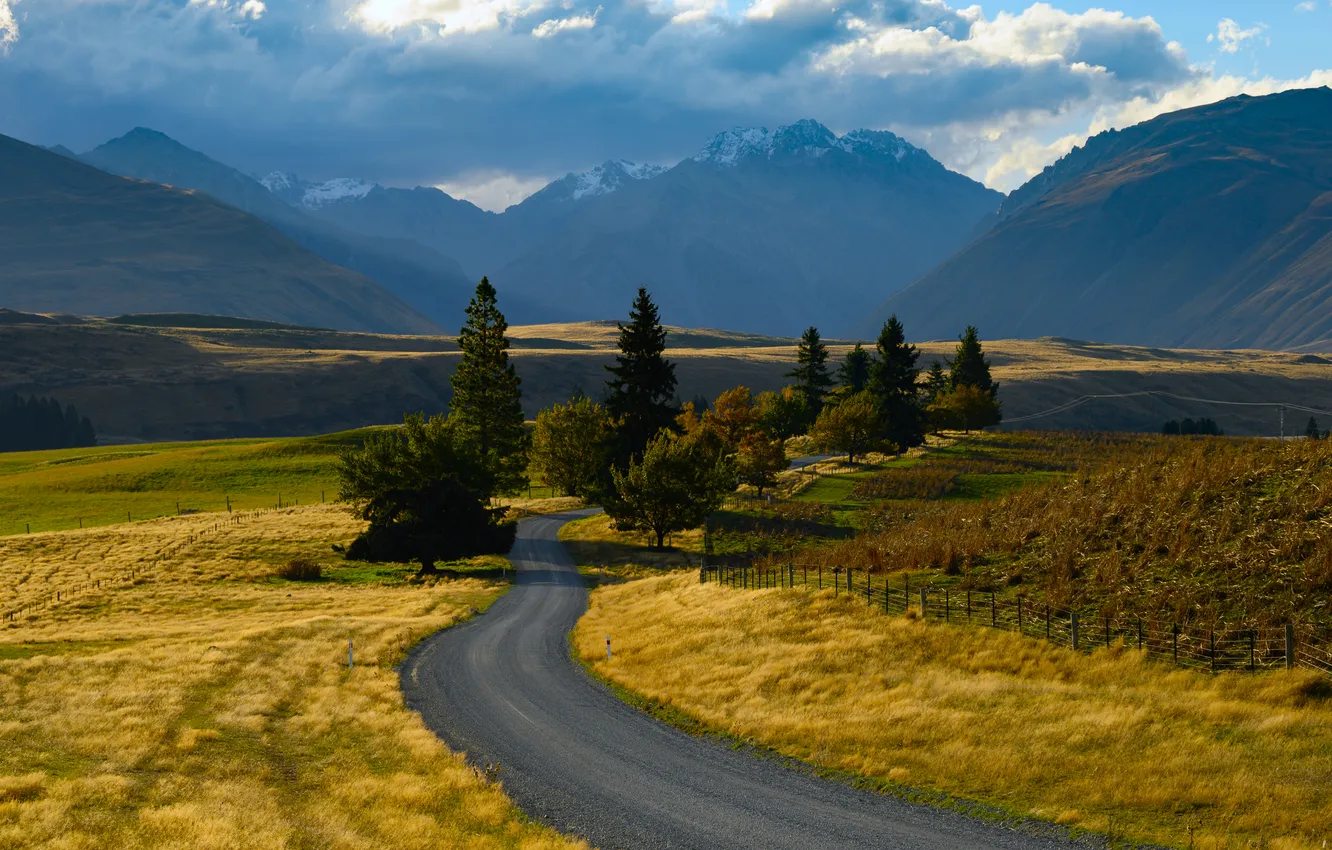 Photo wallpaper road, field, the sun, clouds, mountains, valley, New Zealand, dervla