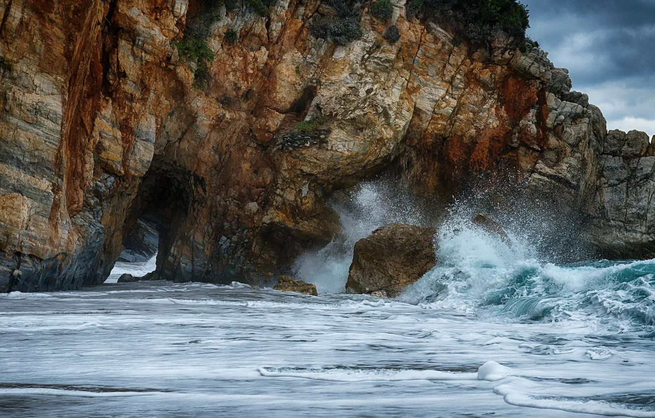 Photo wallpaper sea, wave, the sky, squirt, storm, rocks, arch