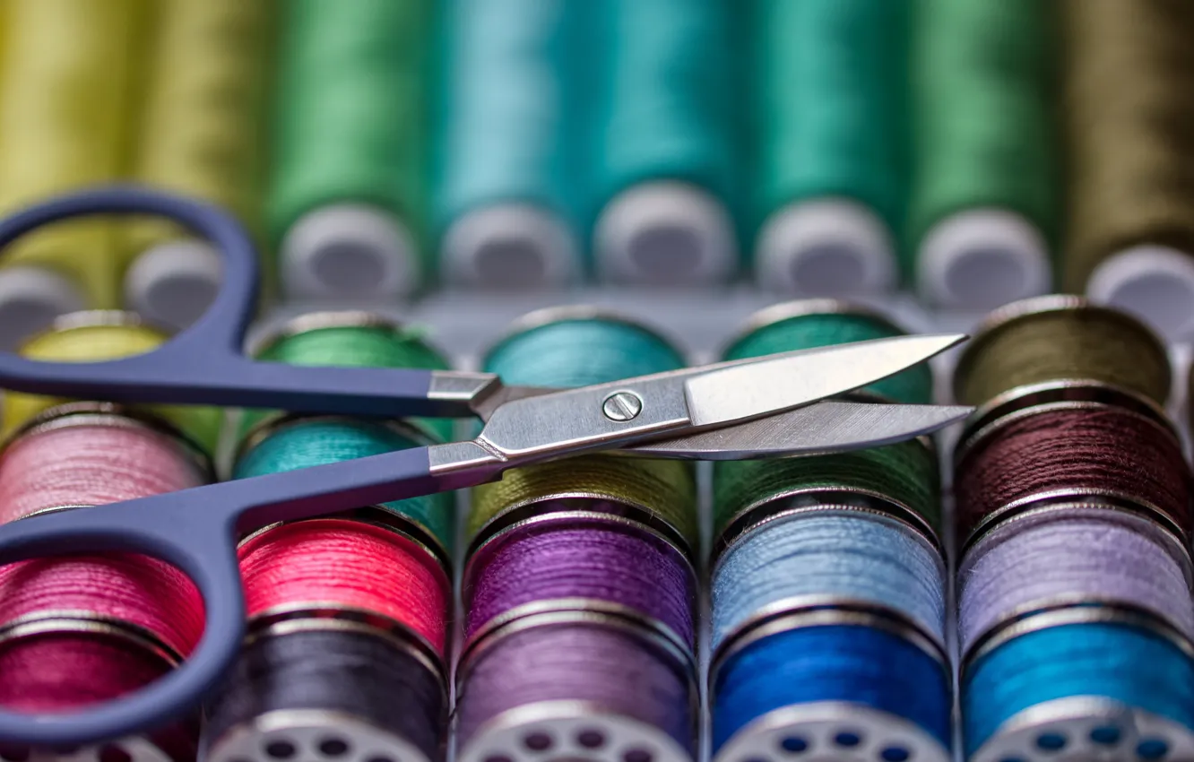 Photo wallpaper thread, colorful, scissors, coil, sewing thread, sewing supplies