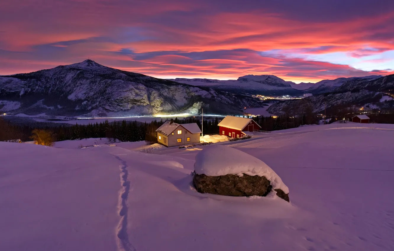 Photo wallpaper lights, house, road, sky, trees, landscape, nature, sunset