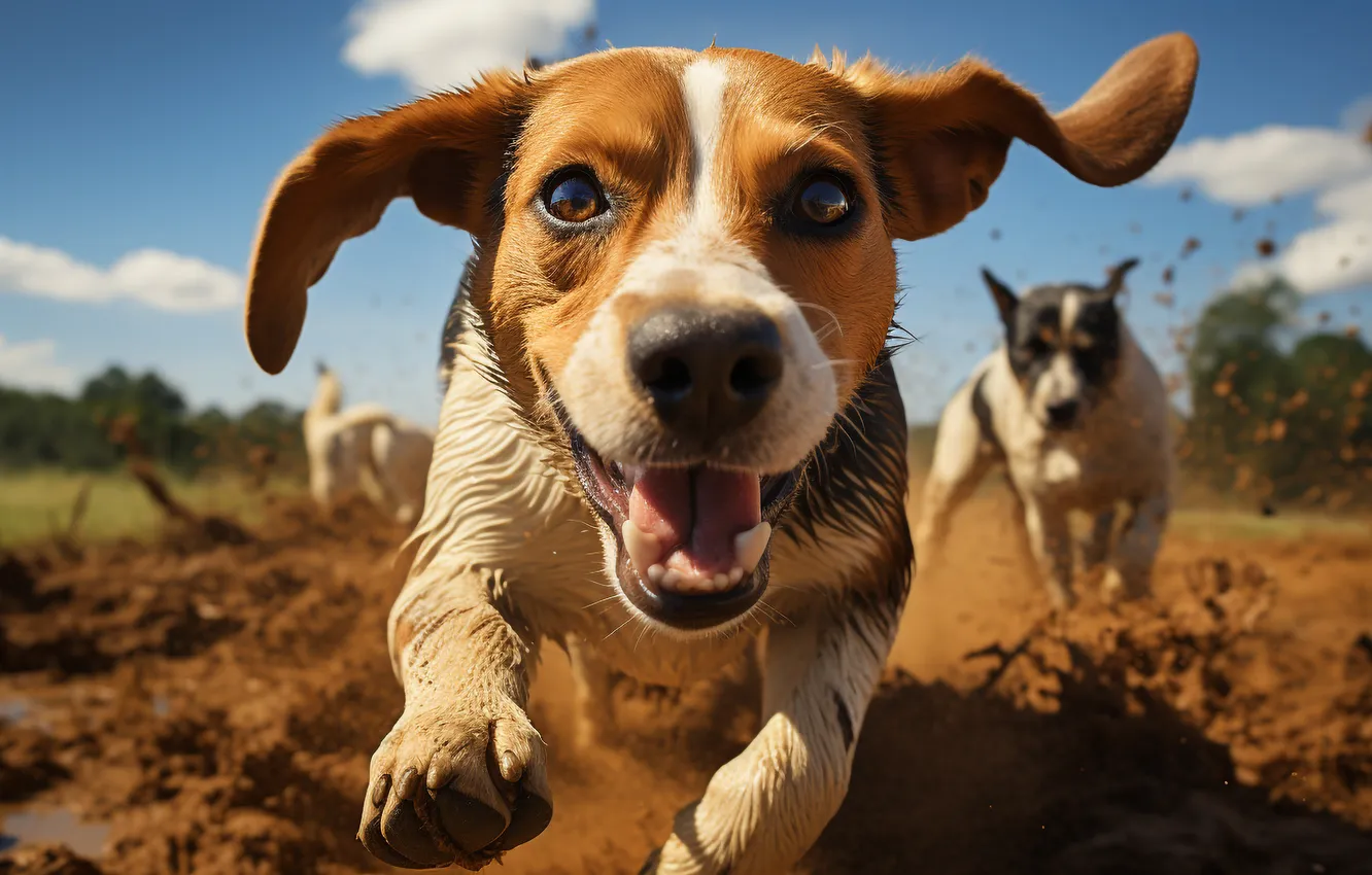 Photo wallpaper Dog, Look, Jump, Running, Dirt, Puppy, Face, Front