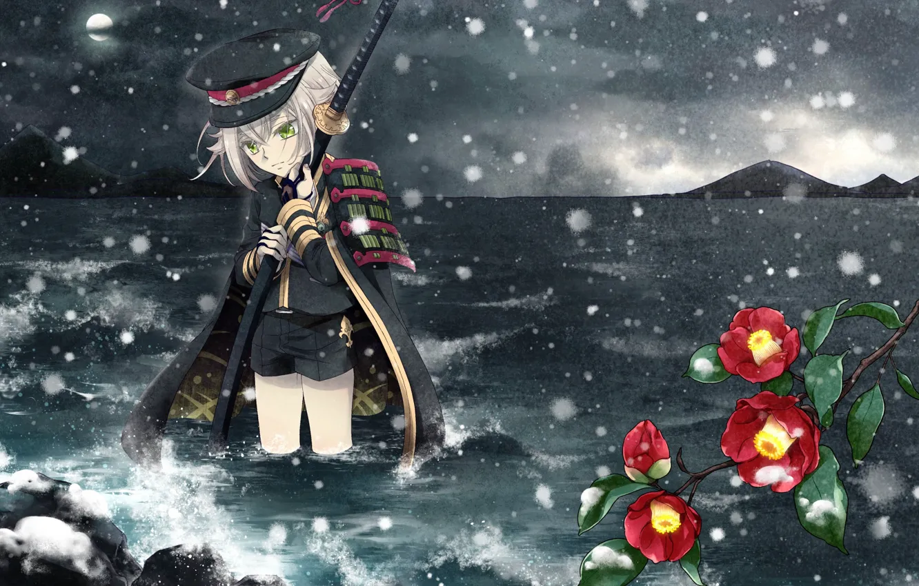 Photo wallpaper cold, sea, snow, shorts, katana, armor, cap, in the water
