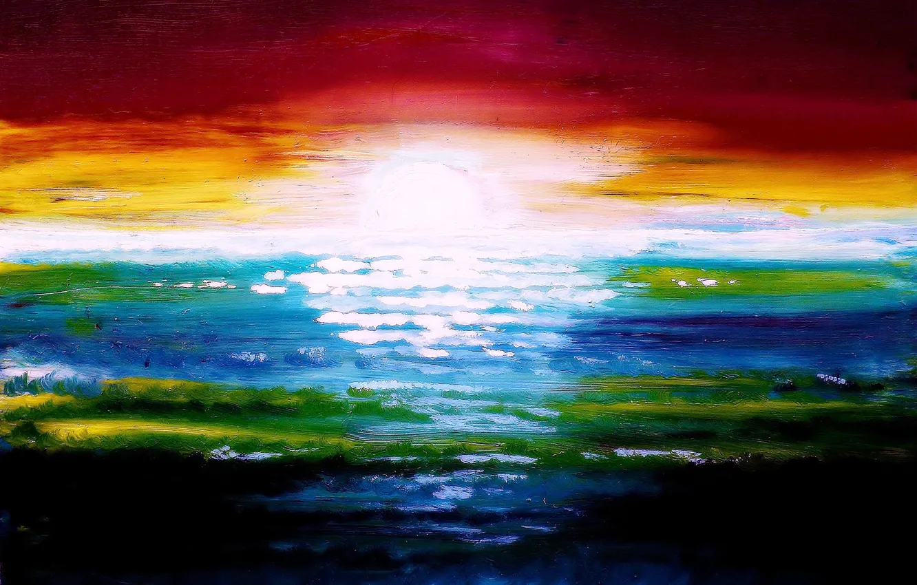 Photo wallpaper sea, the sun, sunset, paint