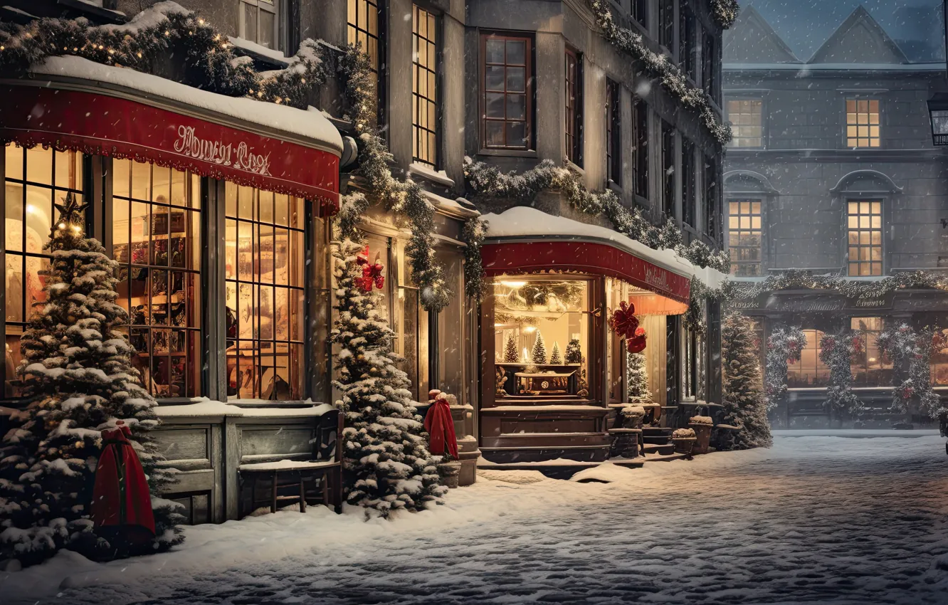 Photo wallpaper winter, snow, decoration, night, the city, lights, street, tree