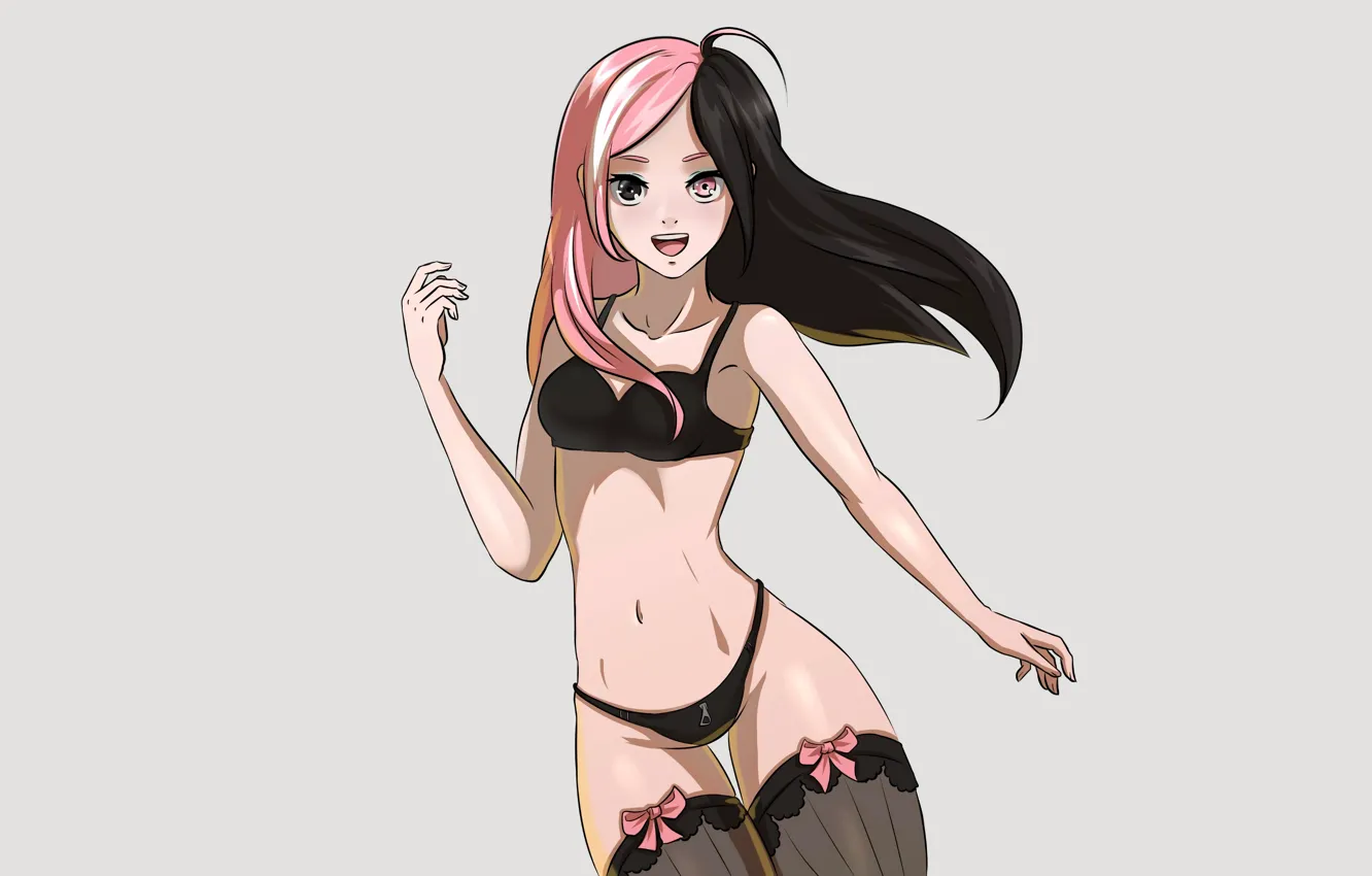 Photo wallpaper girl, sexy, lingerie, bra, cleavage, panties, thighhighs, pink hair