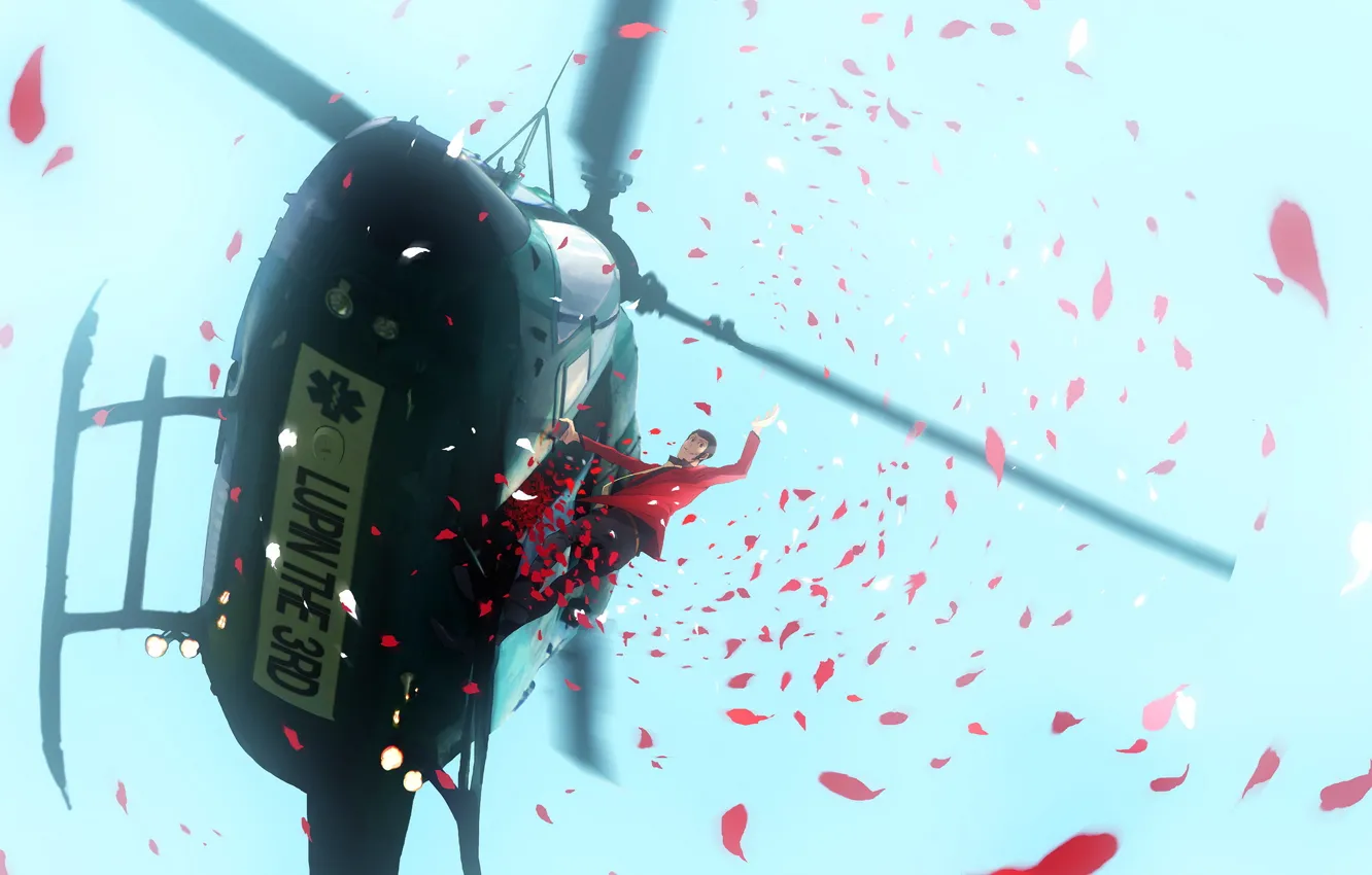 Photo wallpaper the sky, red, anime, petals, art, helicopter, male, Lupin the third