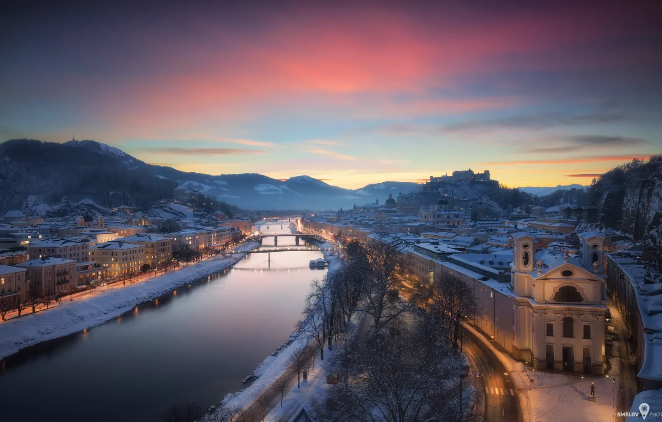 Photo wallpaper winter, bridge, the city, lights, river, home, Austria, Salzburg