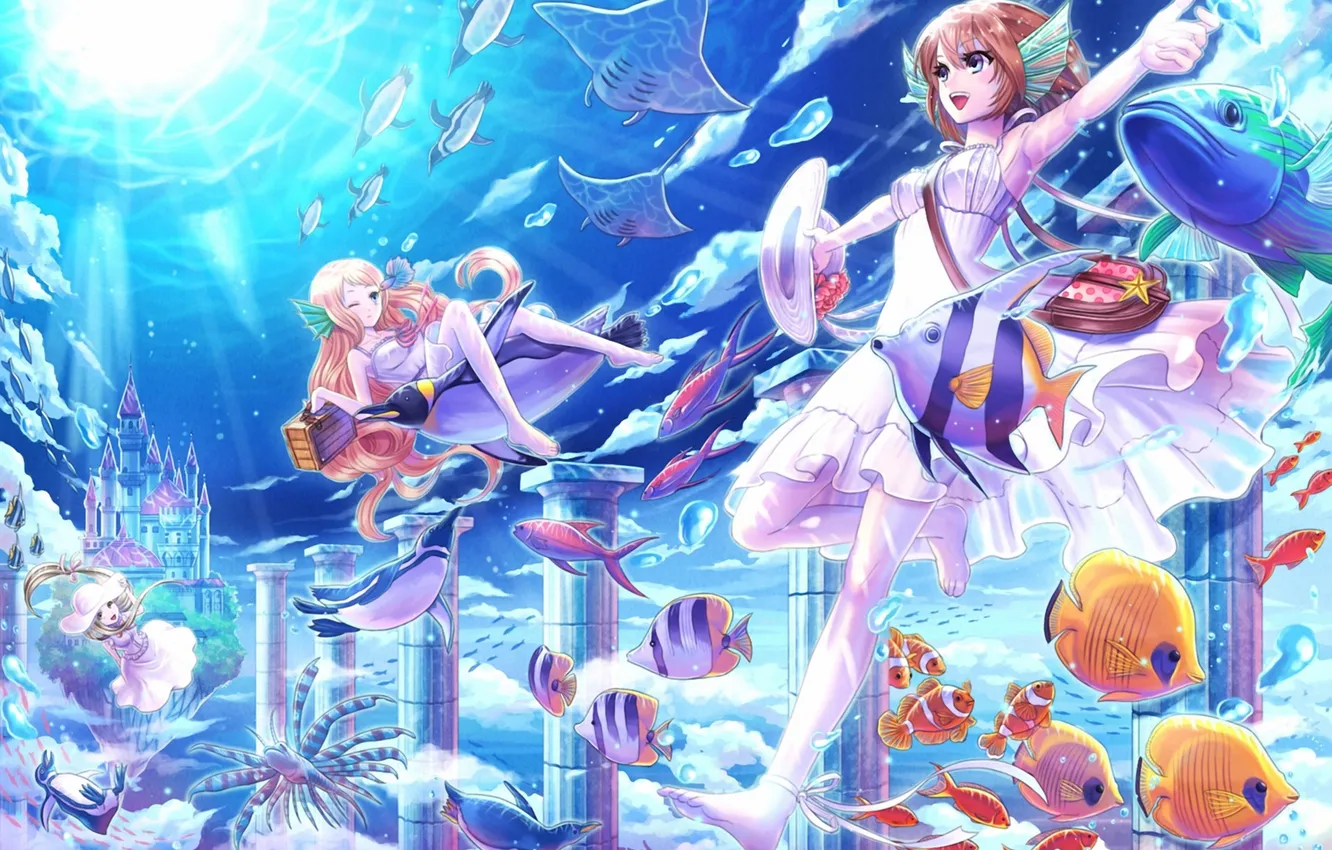 Photo wallpaper fish, castle, fish, art, girl, columns, under water