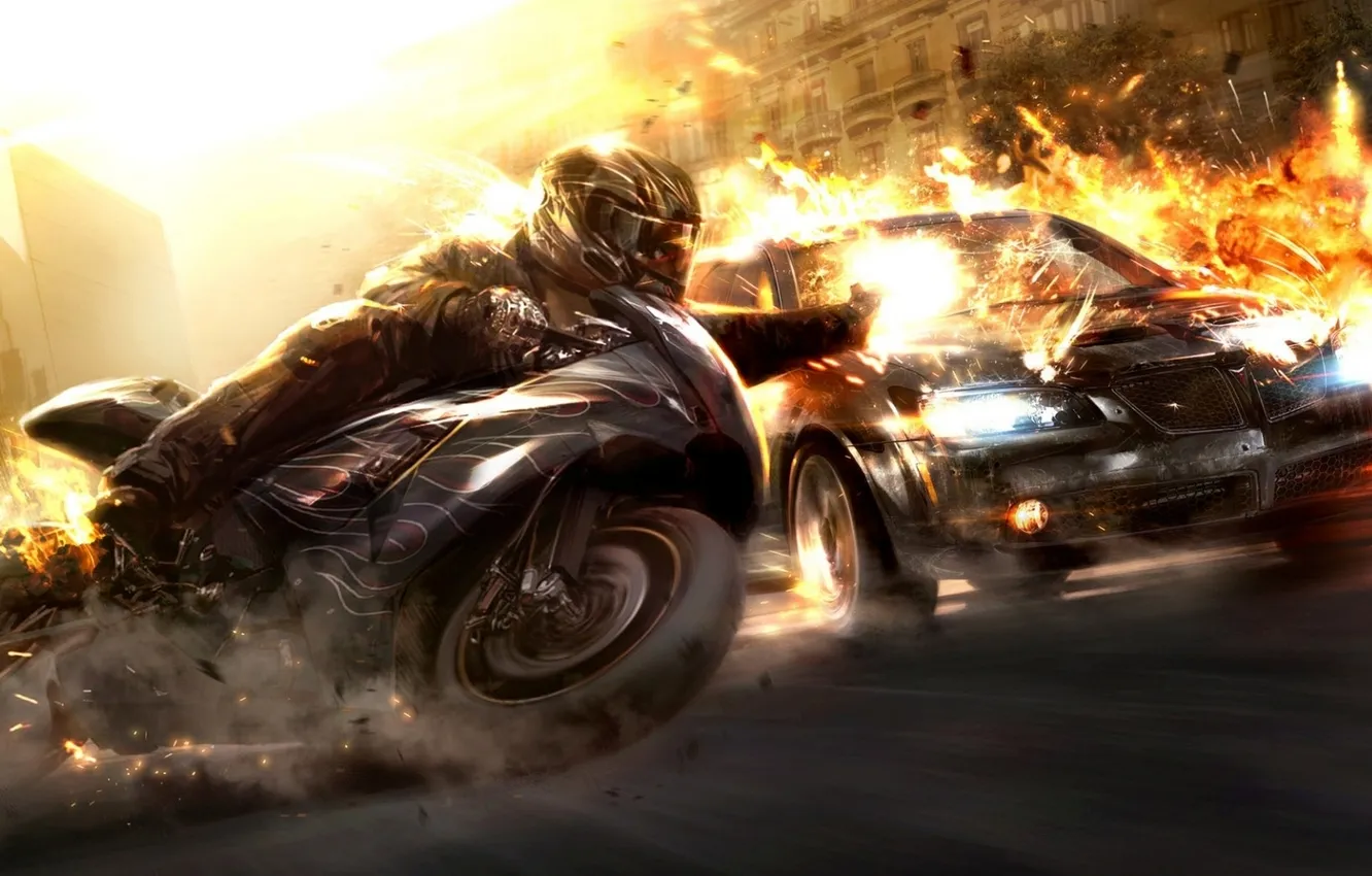 Photo wallpaper machine, the explosion, lights, race, speed, motorcycle, Wheelman