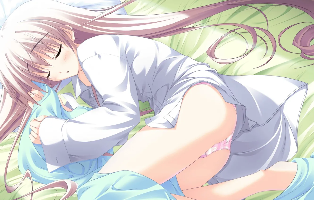 Photo wallpaper girl, long hair, in bed, white shirt, visual novel, sleeps up, Kanade Misagiri, Marginal Skip